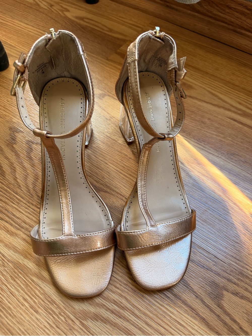 Adrienne Vittadini Rose Gold T‑Strap Block Heel Sandals